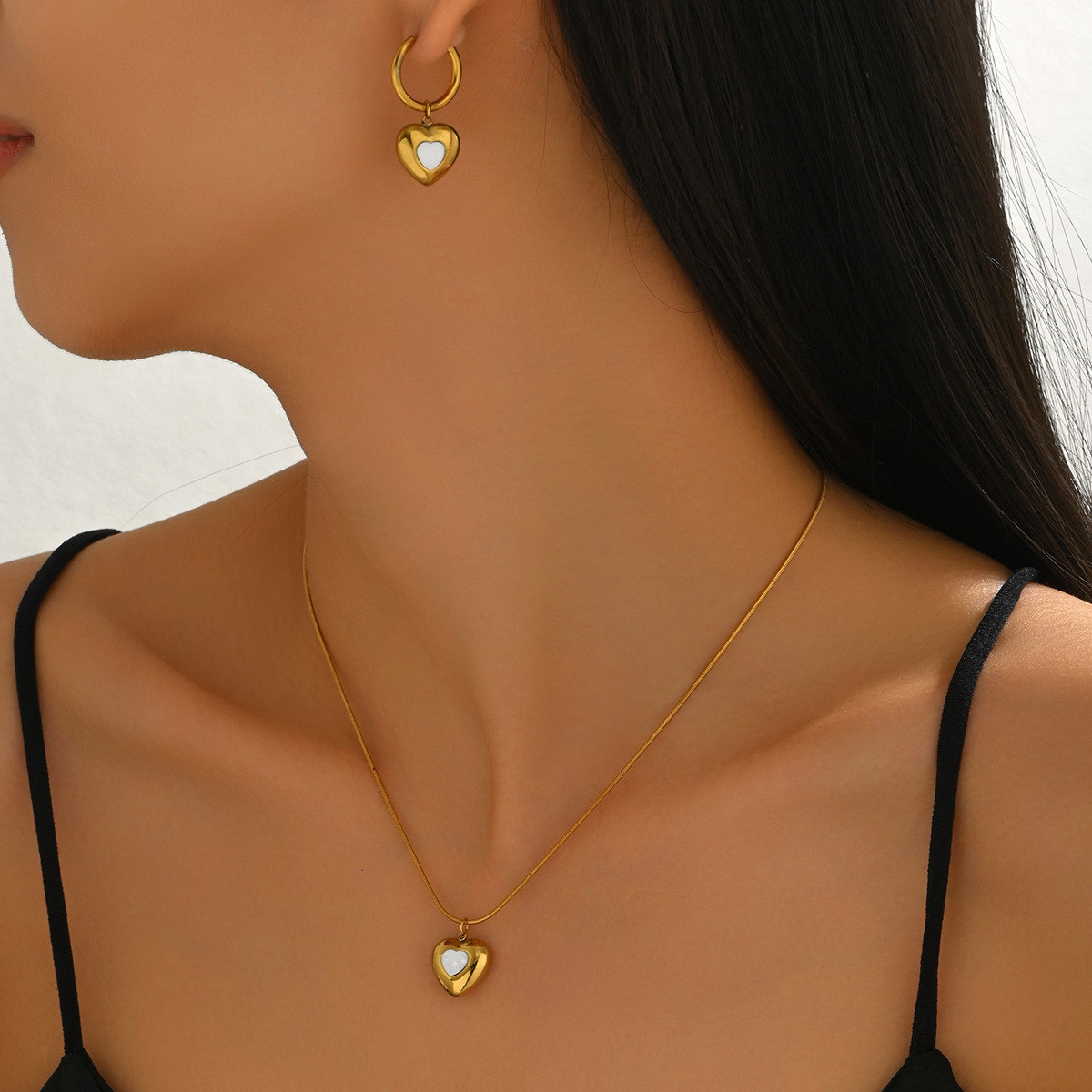 Wind Women's Earrings Necklace Set Heart Electroplated Design Long Pendant Chain for Women