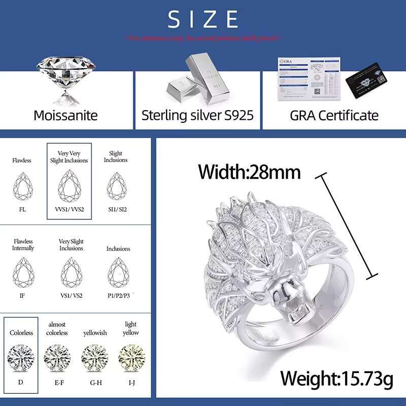 S925 Moissanite Hip Hop Iced Out Fashion Jewelry Dragon Rings For Men Animal Silver King Party Christmas Gift