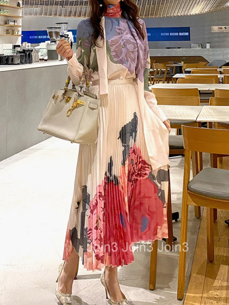 New Korean Fashion Work Style Print 2 Pieces Outfits Women Clothes Elegant Office Loose Tops Shirt Blouse And Pleated Skirt Set