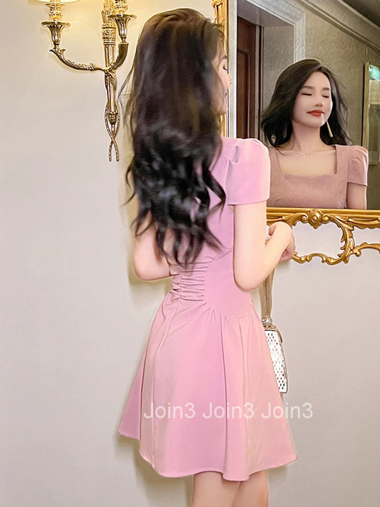 Summer Evening Short Dress Elegant Women Sweet Chic Retro Sexy Square Collar Slim Mini Party Gown Mujer Vestidos Street Clothes