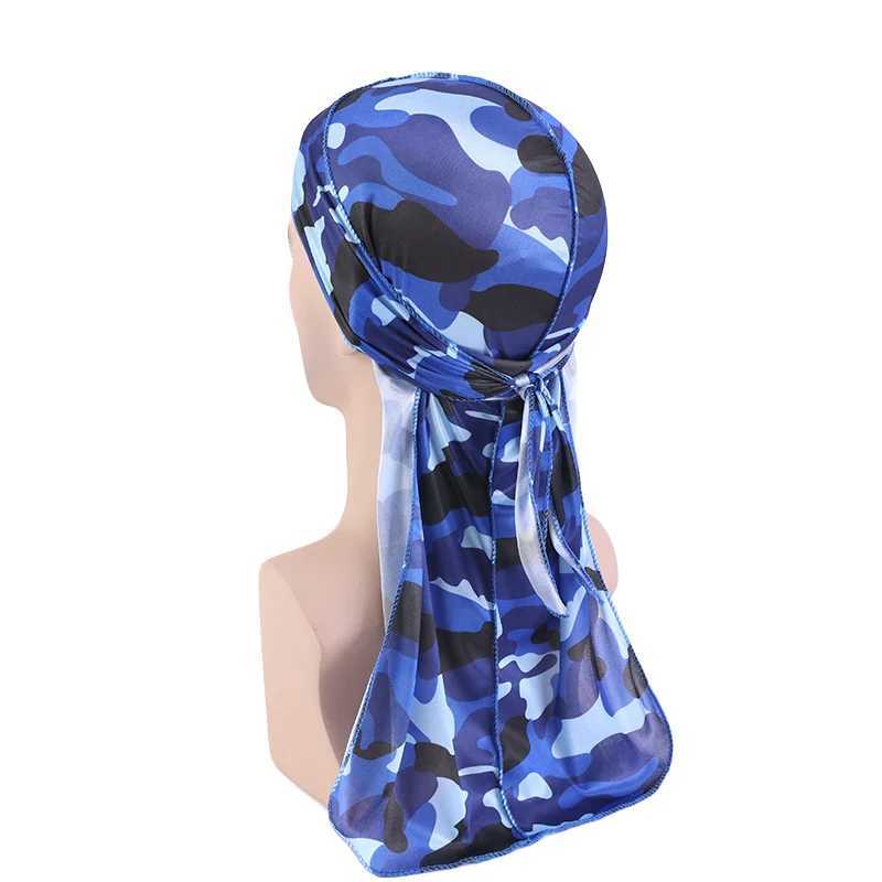 Fashion Camouflage Printed Long Tail Pirate Hat Silky Satin Durags Bandana Mens Silky Durags Turban Hat Adjustable Headwrap M250623