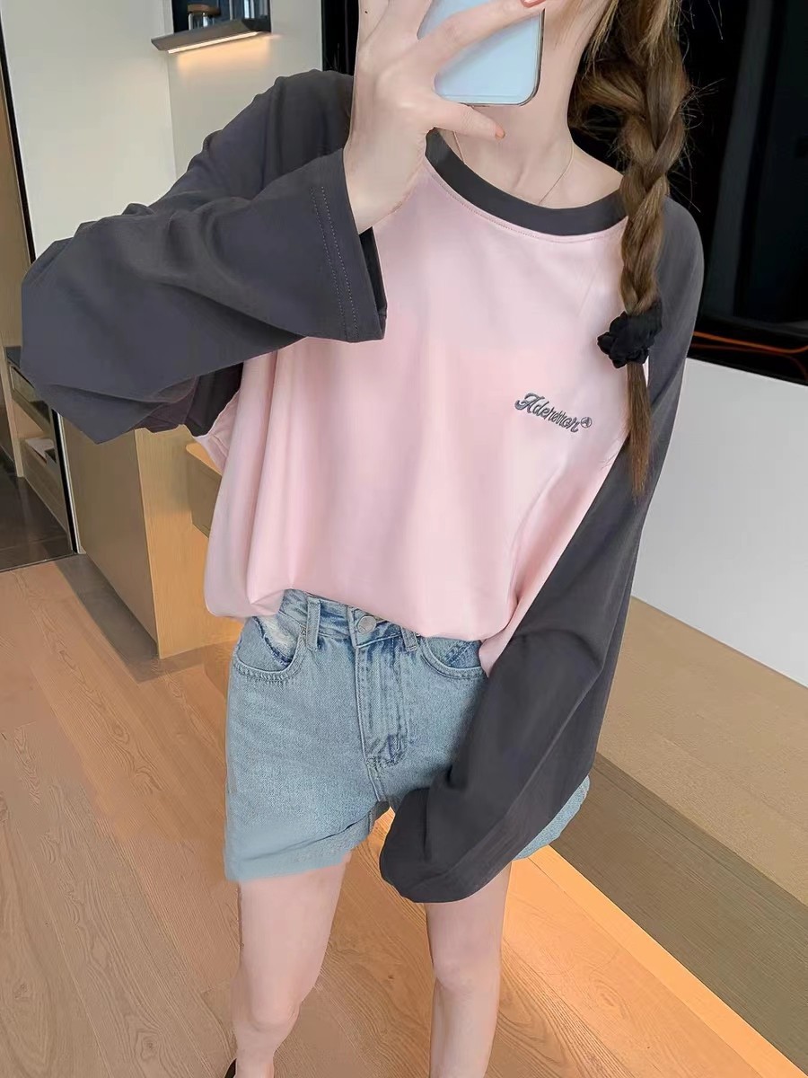 SL236 Women's Spring and Autumn Contrast Color Round Neck Loose Long Sleeve Top Thin Shirt Bottoming Shirt
