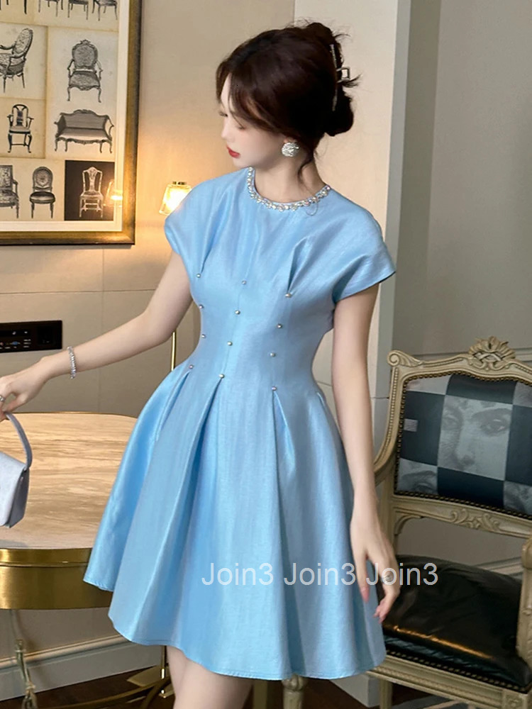 Elegant Luxury Blue Satin Summer Fashion Ball Gown Evening Dress Women Clothes Sweet O-Neck Slim Short Party Prom Vestido Fiesta