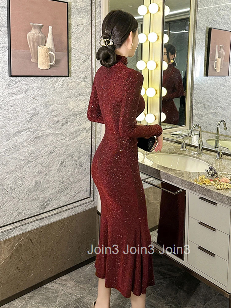 Autumn Retro Sequins Wine Red Evening Dress Women Clothes Elegant Long Sleeve Skinny Folds Long Robe Party Prom Vestido Stretchy