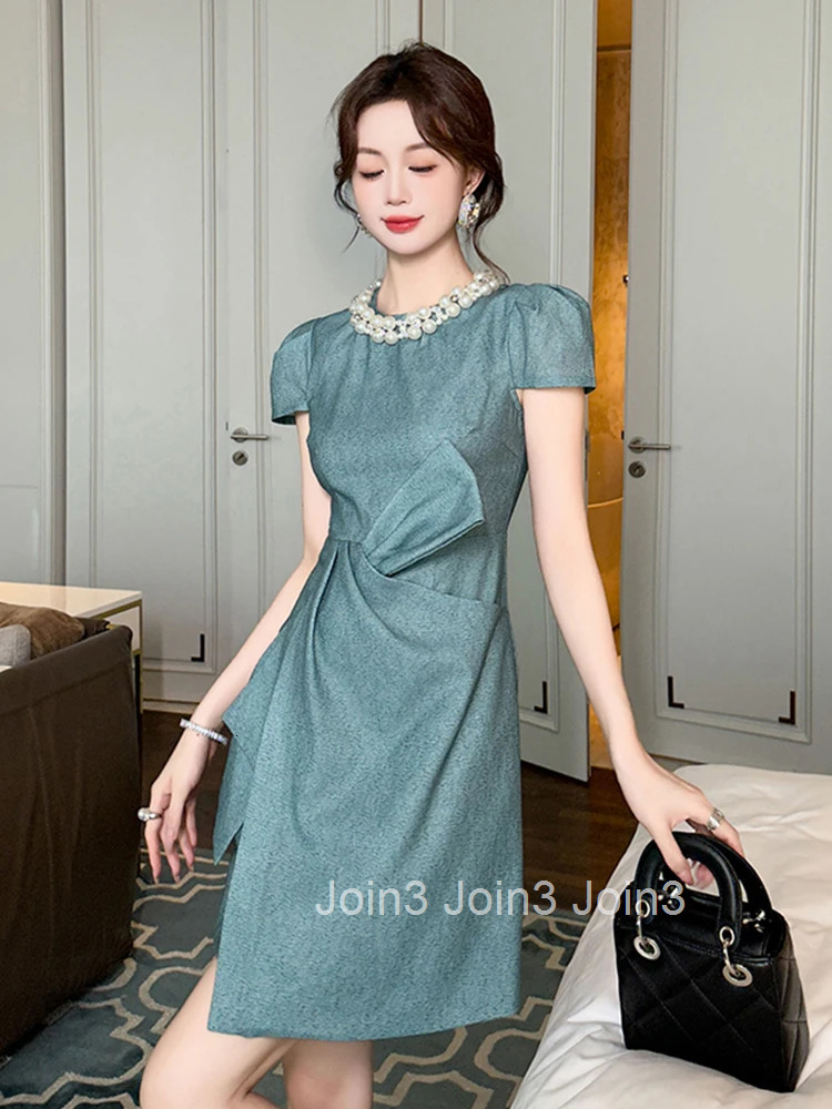 New Elegant Luxury Summer Busines Formal Occasion Dress Women Clothes Pearl O-Neck Slim Asymmetrical Party Prom Vestidos Fiesta