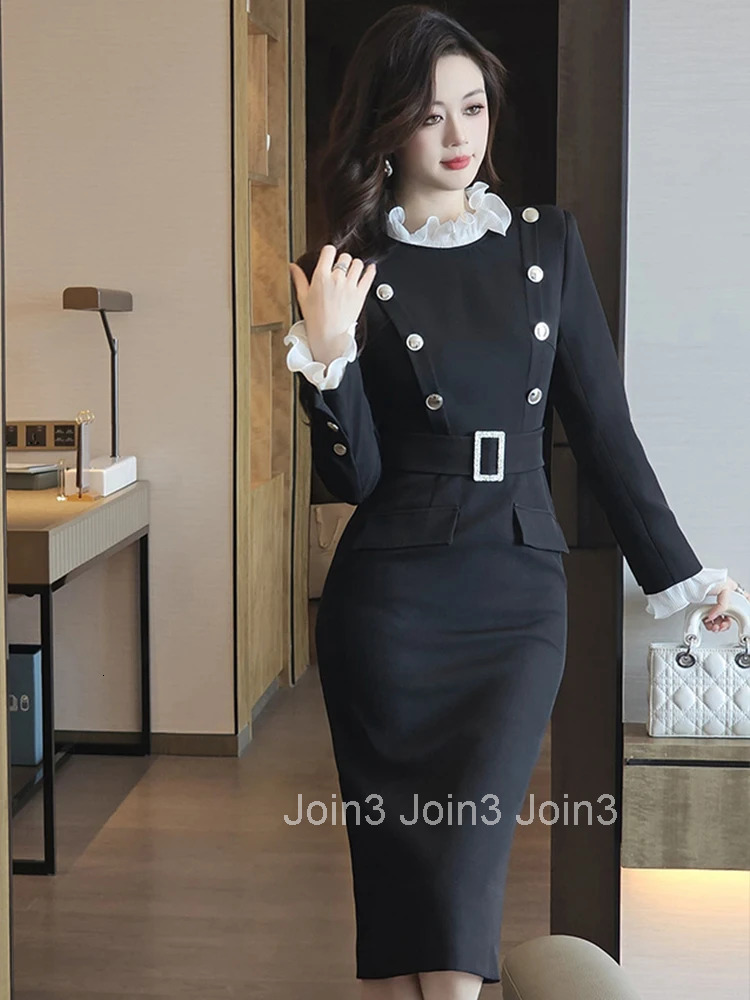 Women Clothes Vintage Black Ruffle Stand Neck Belt Slim Midi Pencil Dress Elegant Commute Fashion Party Vestidos Formal Occasion