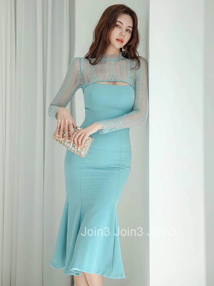 Women Clothes Lace Evening Sheer Hollow Sexy Long Sleeve Slim Midi Mermaid Dress Elegant Ladies Fashion Party Prom Vestidos Robe