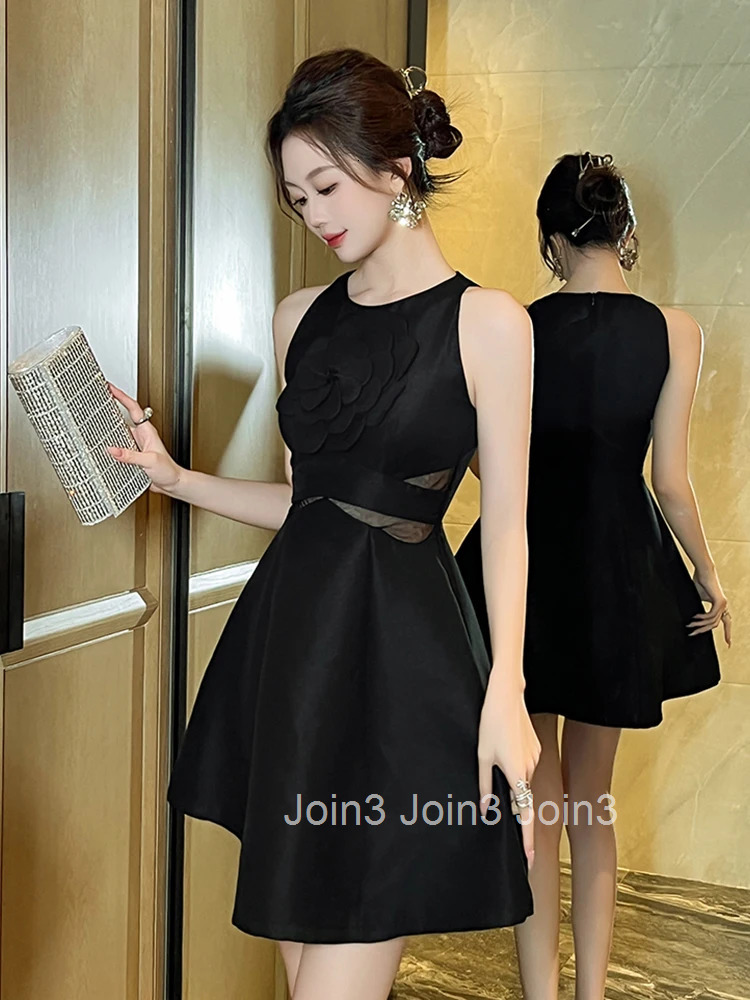 Summer Fashion Black Floral O-Neck Evening Dress Women Clothes Sexy Sleeveless Slim A-Line Short Party Club Prom Vestidos Fiesta