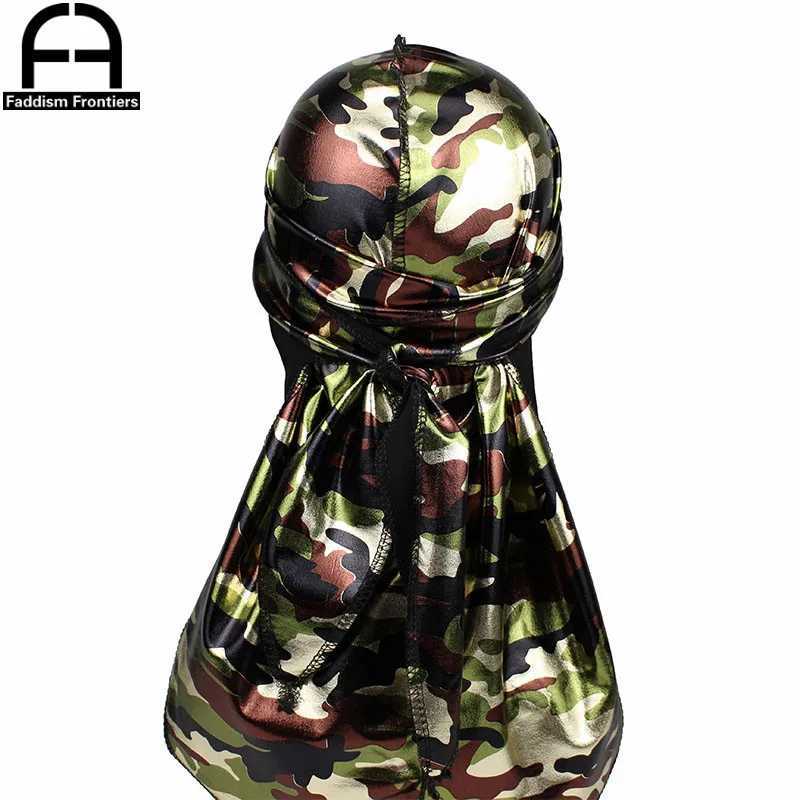 Fashion Mens Camo Silky Durags Turban Headband Shiny Print Men Silk DuRag Headwear Bandanas Hair Accessories Doo Rag Pirate Hat M250623