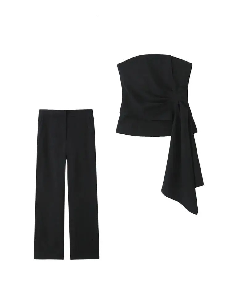 TRZA Women Fashion Draped Strapless Bustier Tops And High Waist Side Pockets Flared Pants Female Two Piece Sets Mujer 250616