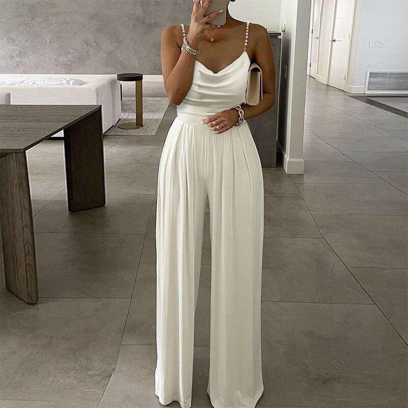 New Style European and American Pearl Strap Wide-Leg Sleeveless V-Neck Backless Long Jumpsuit