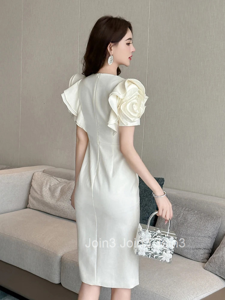 New Summer Fashion Elegant Office Formal Occasion Pencil Dress Women Clothes Commute Ruffle Puff Sleeve V-Neck Slim Midi Vestido