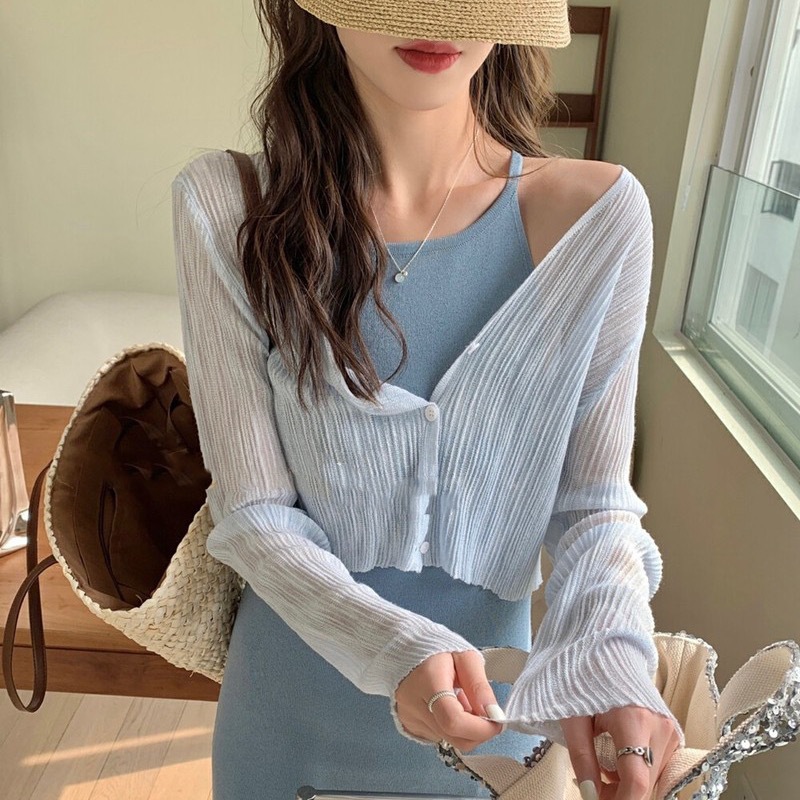 K1115 Summer thin ice silk knitted sweater for women sun protection cardigan outer wear short style with suspender skirt small coat shawl women