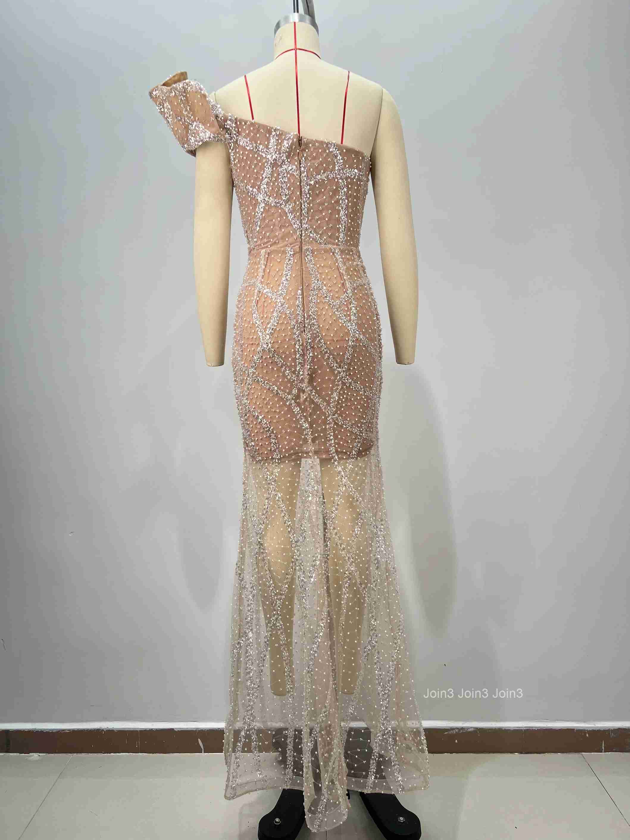 Womens Apricot Bandage Dress One-Shoulder Ruffled Sequin Shoulder Lace Patchwork Evening Gown Formal Party Wear