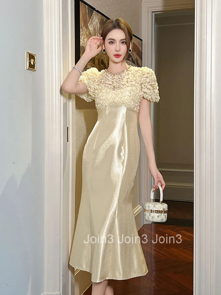 Summer Formal Occasion Fashion Lace Splic Evening Dress Women Clothes Elegant Luxury O-Neck Slim Midi Party Prom Vestidos Robe