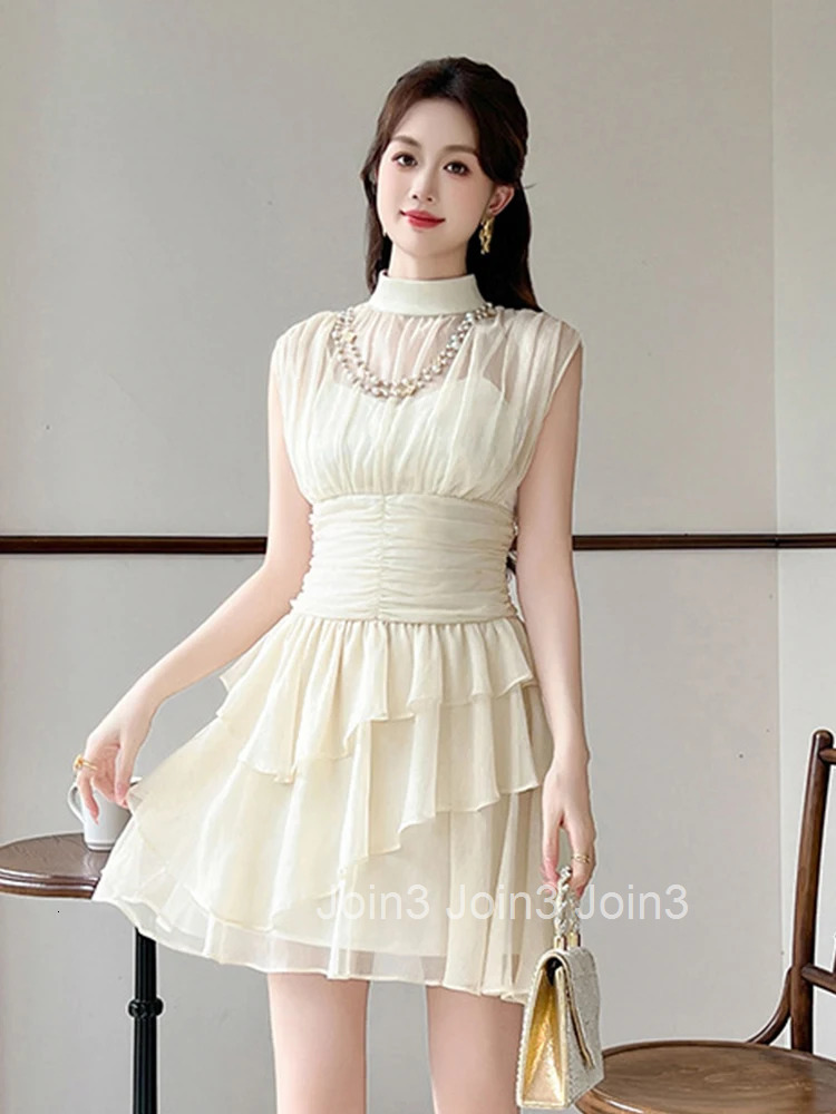 New French Round Neck Irregular Ruffle Chiffon Fairy Evening Dress Women Clothes Sweet Sexy Sleeveless Slim Party Prom Vestidos