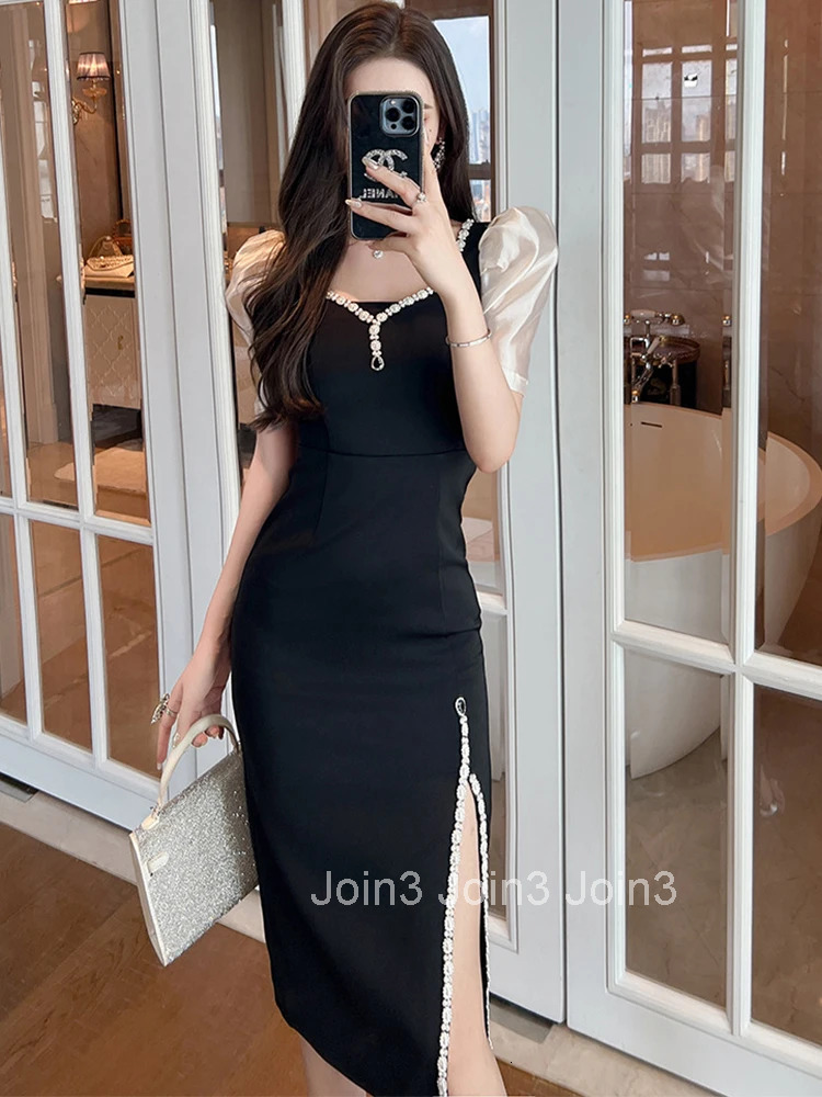 New Fashion Summer Evening Dress Satin Women Elegant Luxury Chic Black Puff Sleeve Slim Slit Midi Party Club Prom Mujer Vestidos