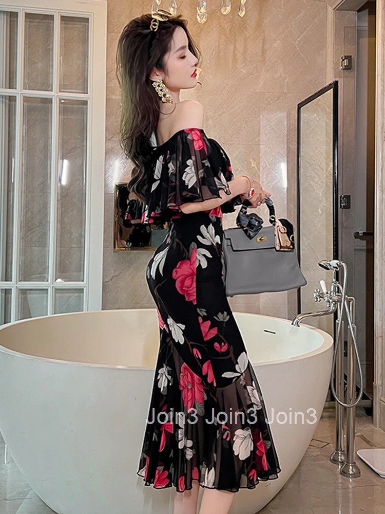 Korean Women Evening Dress Vintage Sheer Sexy Off-Shoulder Backless Slim Midi Party Beach Prom Robe Femme Mujer Vestidos Fiesta