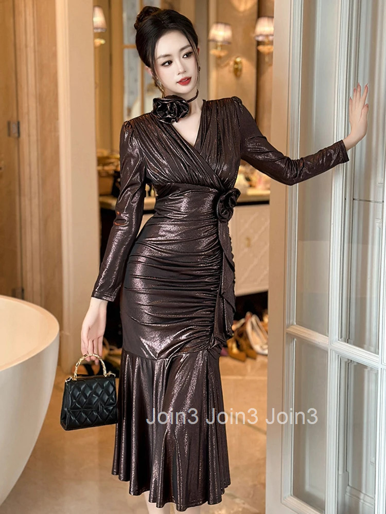 New Spring Ladies Chic Glitter Shiny Long Dresses Women Elegant Luxury Sweet Bodycon Party Birthday Dress Robe Vestidos Fiesta