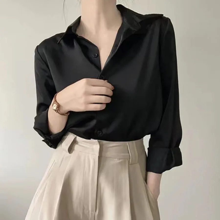 Simple Womens Satin Shirts Thin Spring Solid Color Long Sleeve Advanced Sense Top Office Elegant Ladies Work Wear Fashion 250617