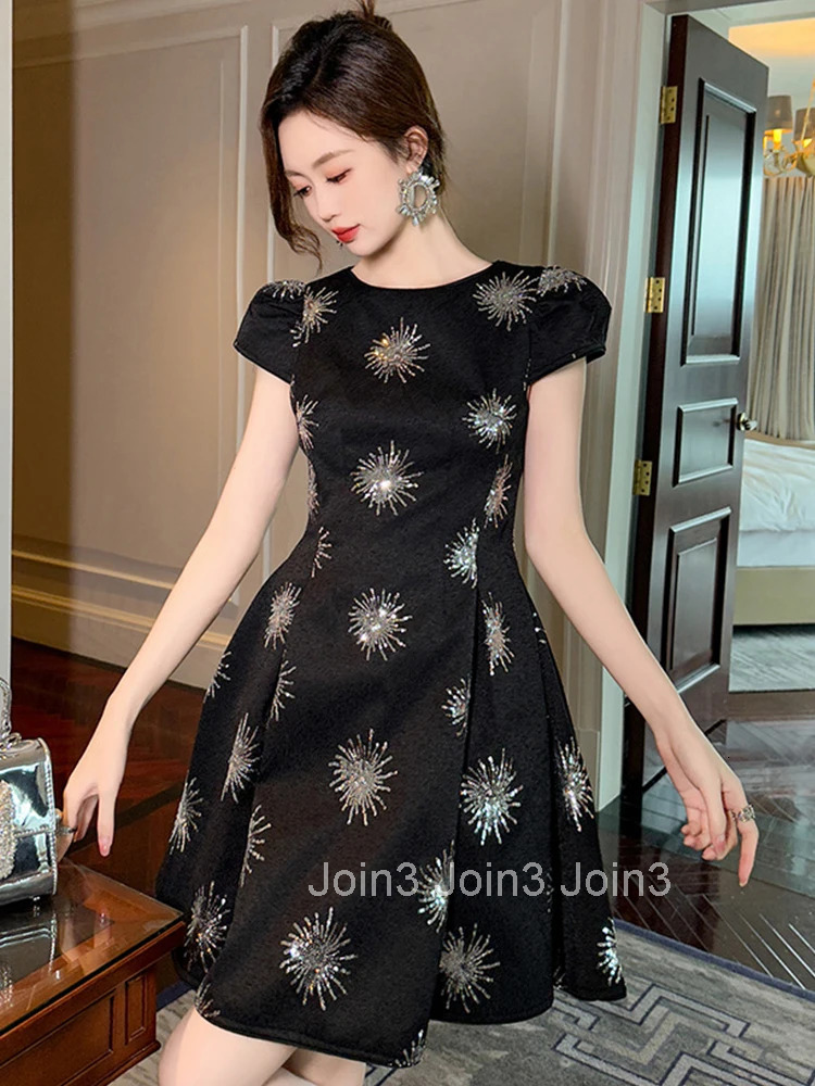 Women Clothes Black Silvery Sequin Short Sleeve Slim A-Line Mini Short Dress Elegant Luxury Fashion Party Prom Vestidos Casual N