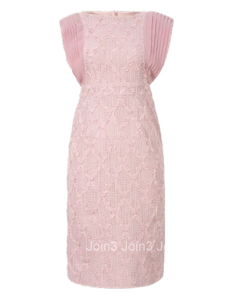 Women Clothes Pink Sweet Knitted Floral O-Neck Skinny Midi Pencil Dress Elegant Commute Ladies Fashion Party Vestidos Summer New