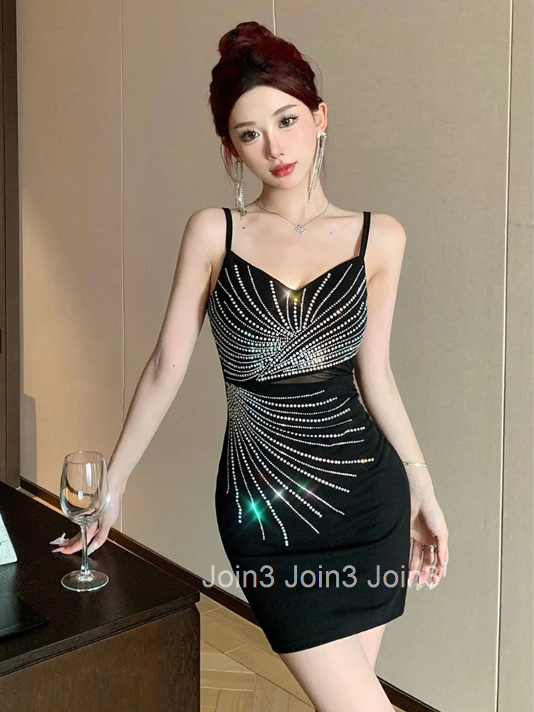 Summer Fashion Sparkly Black Evening Dress Women Clothes Elegant Sexy Sling Backless Skinny Mini Short Party Club Prom Vestidos