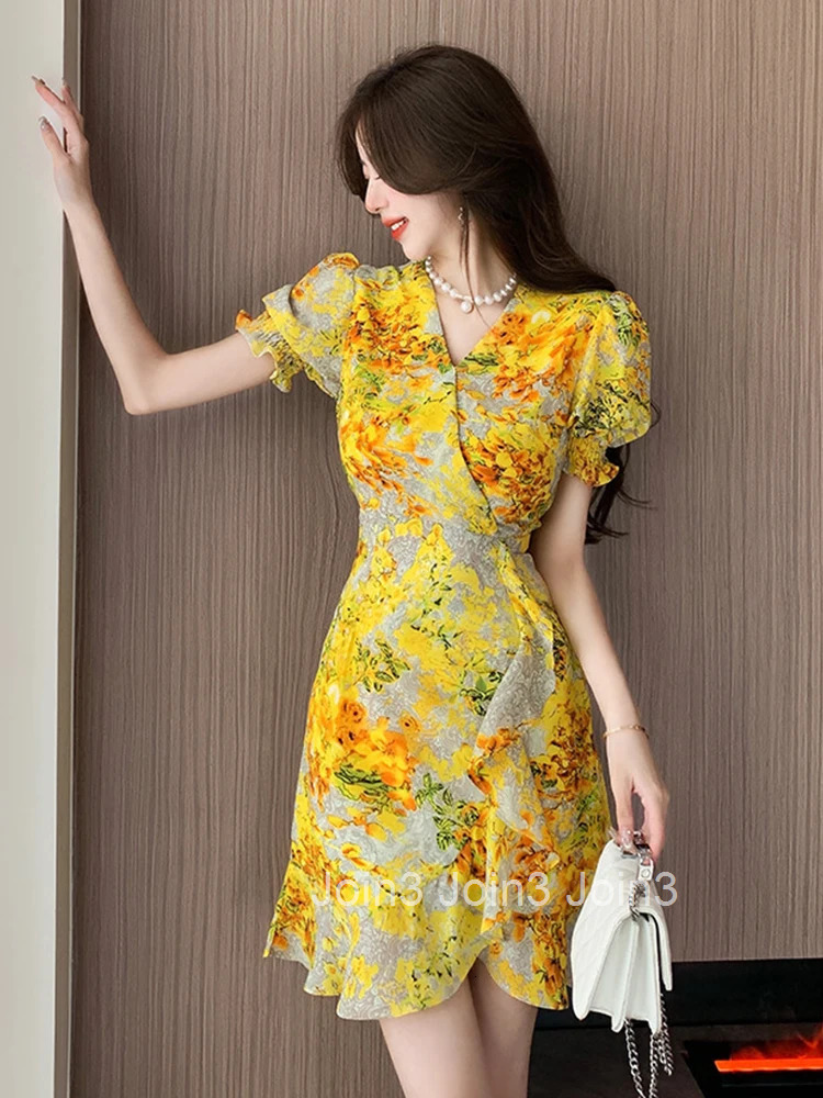 Summer Chiffon Short Vacation Dress Women Elegant Pretty Yellow Print Sexy V-Neck Slim Mini A-Line Mujer Vestidos Street Clothes