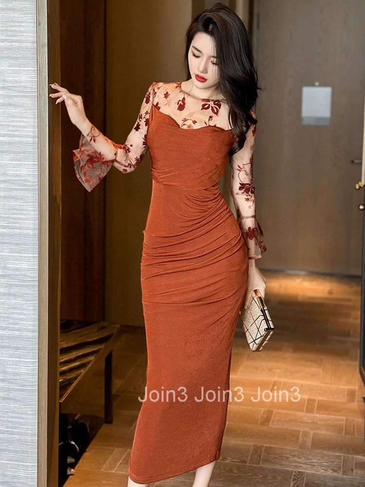 Fashion Ladies Chic Mesh Splic Sheer Sexy Long Prom Dress Women Mujer Elegant O-Neck Skinny Vestidos Robe Femme Stretchy Clothes