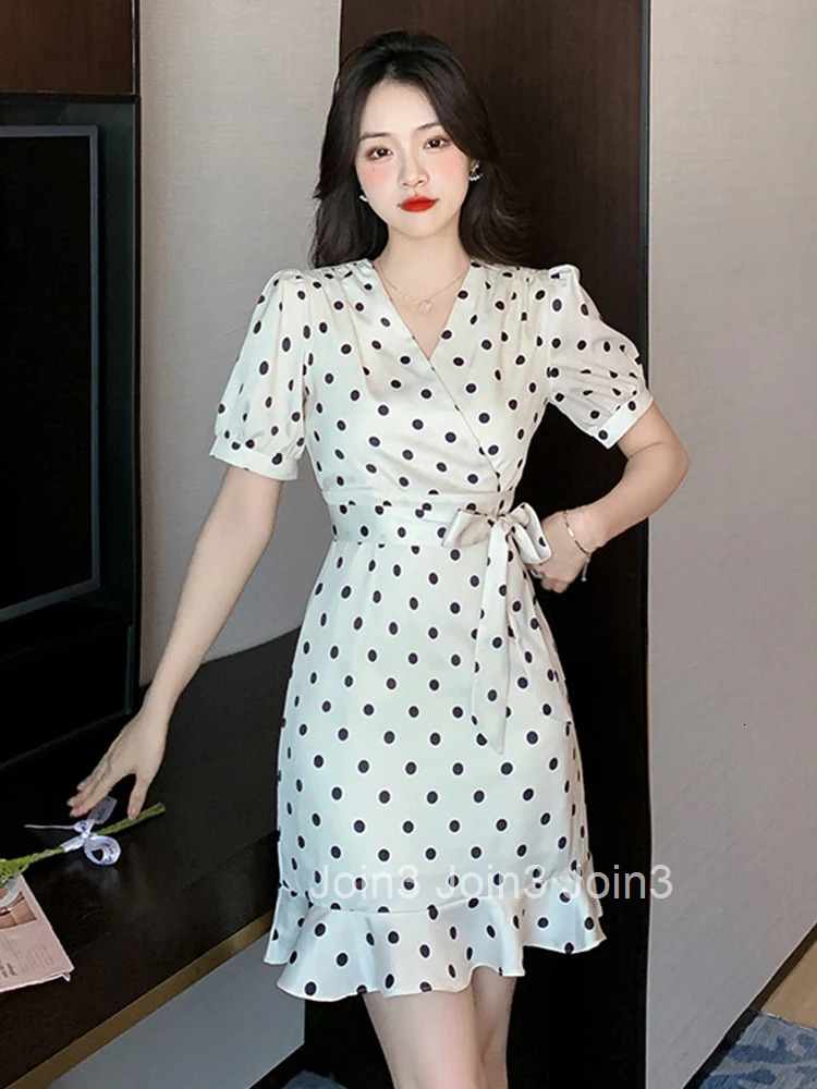 Summer Elegant Office Women Short Dress Formal Chic Satin Vintage Dot Sexy V-Neck Slim Mini Party Mujer Vestidos Street Clothes