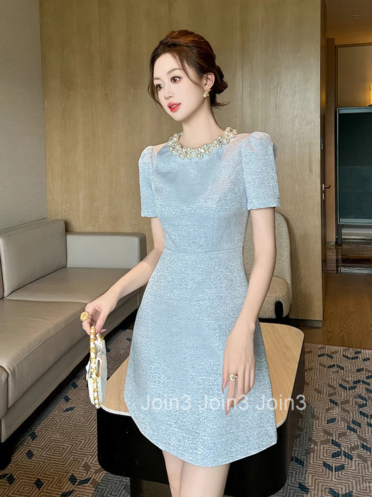 Summer Fashion Formal Occasion Evening Dress Women Elegant Luxury Pearl O-Neck Slim A-Line Short Party Vestidos Street Clothes