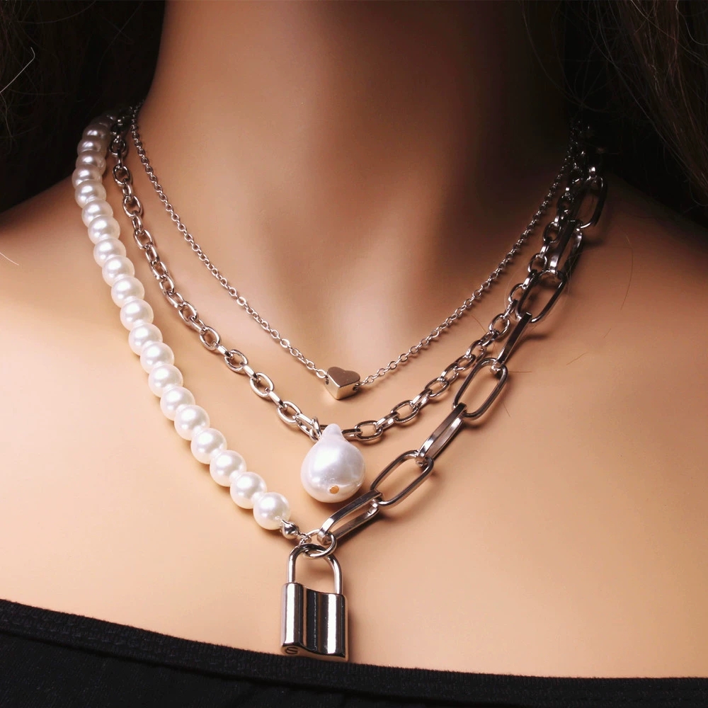 Chic Womens Vintage Style Heart Pendant Necklace Trio Featuring Layered Baroque Pearls
