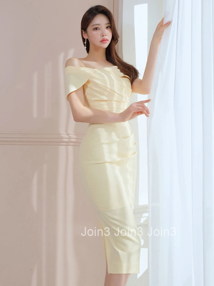 Korean Summer Elegant Women Evening Dress Chic Solid Sexy Off-Shoulder Slim Midi Party Club Beach Prom Robe Femme Mujer Vestidos