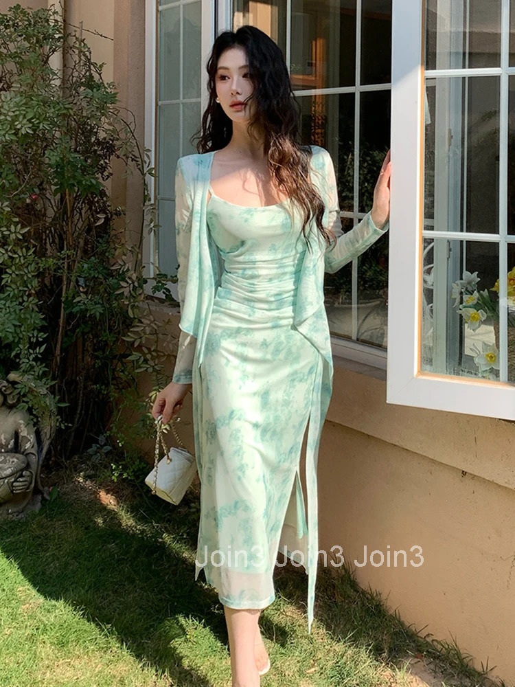 Holiday Mesh Floral Print 2 Pieces Outfits Women Clothes Cardigan Coat Tops Sexy Sling Strap Slit Folds Midi Robe Dress Set Lady