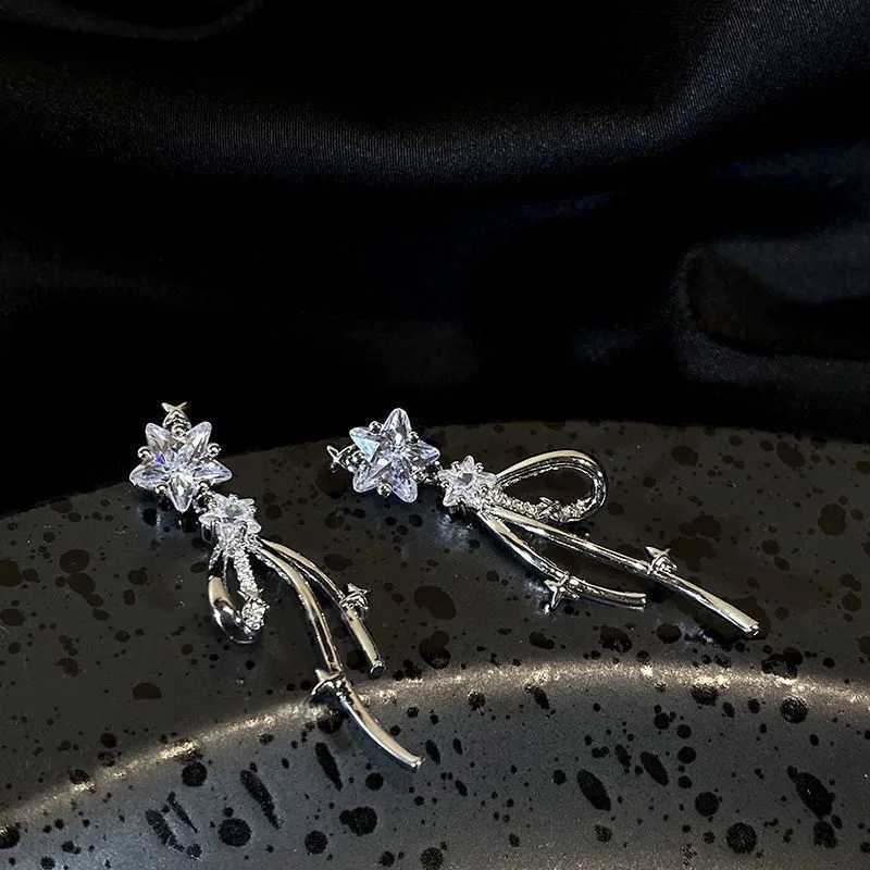 Y2K Zircon Star Bow Drop Earrings for Women Elegant Crystal Sparkling Star Tassel Stud Earring 2025 New Earrings Egirl Jewelry XJ250623