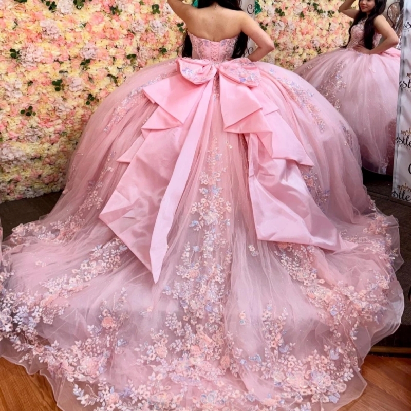 Pink Shiny Princess Sequins Ball Gown Quinceanera Dresses Lace Applique Beading Sweet 16 Dress Vestidos De 15 Anos