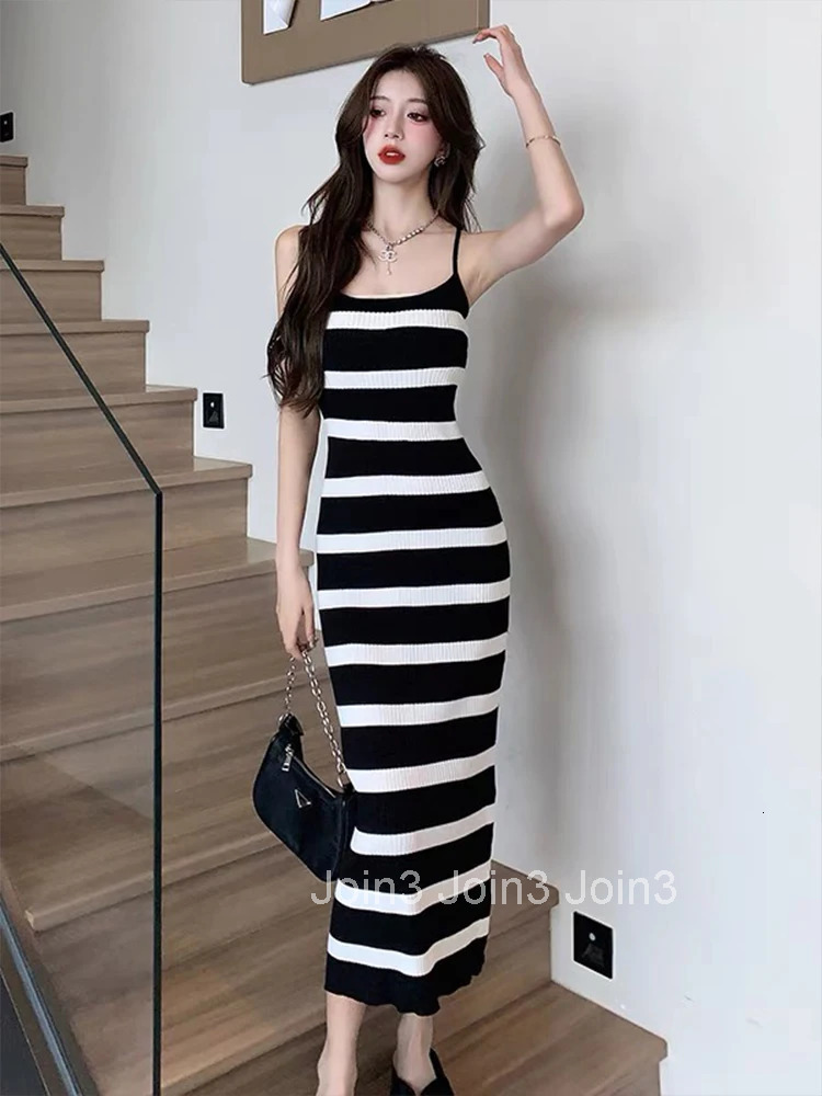 Women Stretchy Clothes Black White Striped Sexy Strap Skinny Bodycon Long Dress Ladies Fashion Party Prom Vestidos Robe Summer