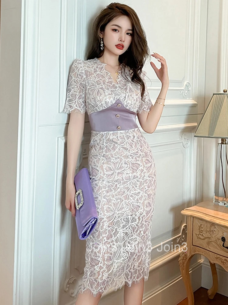 New Summer Elegant Women Evening Dress Temperament Lace Sheer Sexy V-Neck Corset Slim Midi Party Club Prom Femme Mujer Vestidos