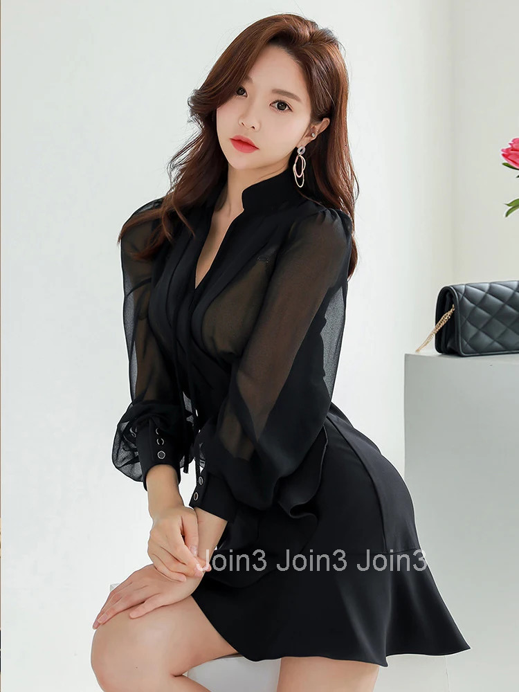 New Arrival Chiffon Perspective Mini Mermaid Dress Temperamental Black High Quality Work Style Cute Sexy Trumpet Dress