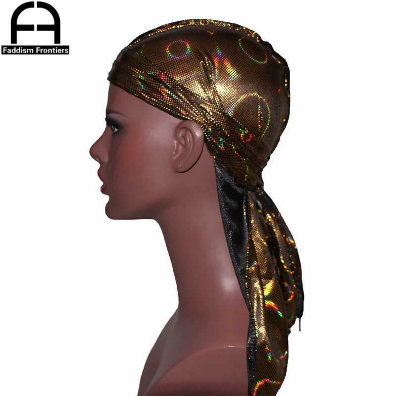 New Mens Colorful Sparkly Silky Durags Turban Bandanas Headwear Laser Men Silk DuRag Doo Rag Pirate Hat Hair Accessories Durags M250623