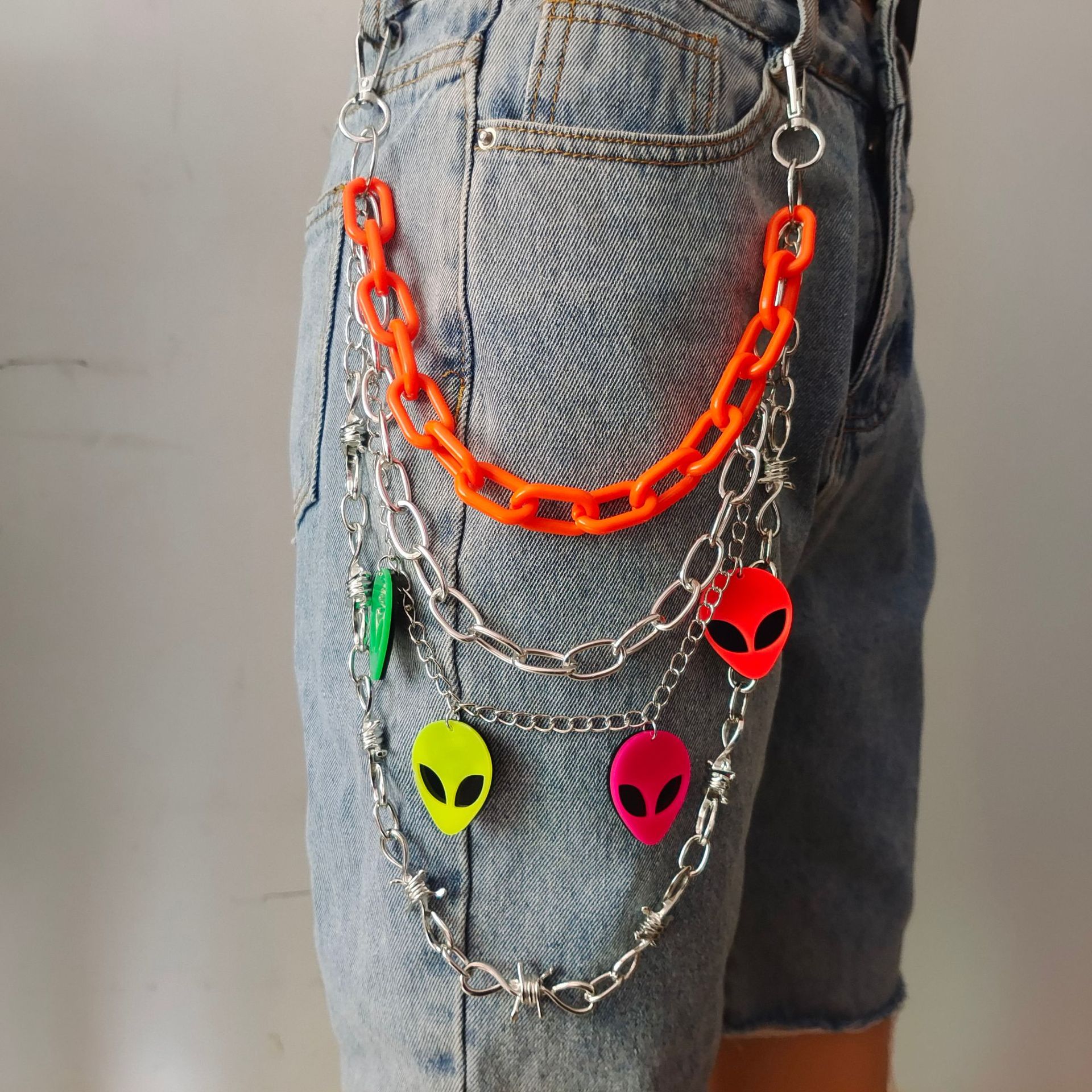 Stage Wear Dance Accessories Colorful Fluorescent Plastic Chain Alien Pendant Waist Chain Female Punk Metal Spike Pants Chain