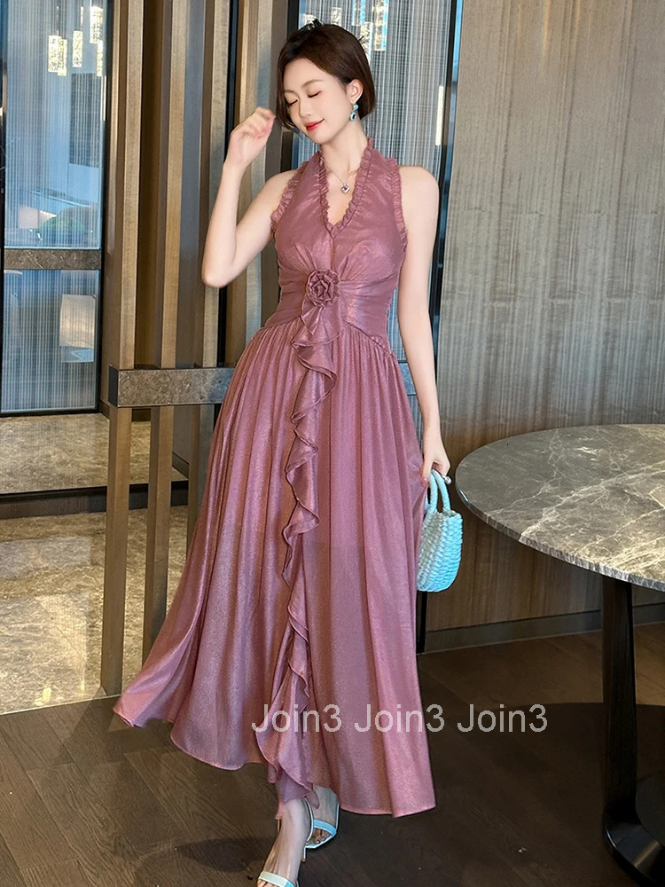 Summer Sweet Pink Ruffle Vacation Gown Evening Dress Women Clothes Elegant Sexy V-Neck Slim Maxi A-Line Robe Party Prom Vestidos