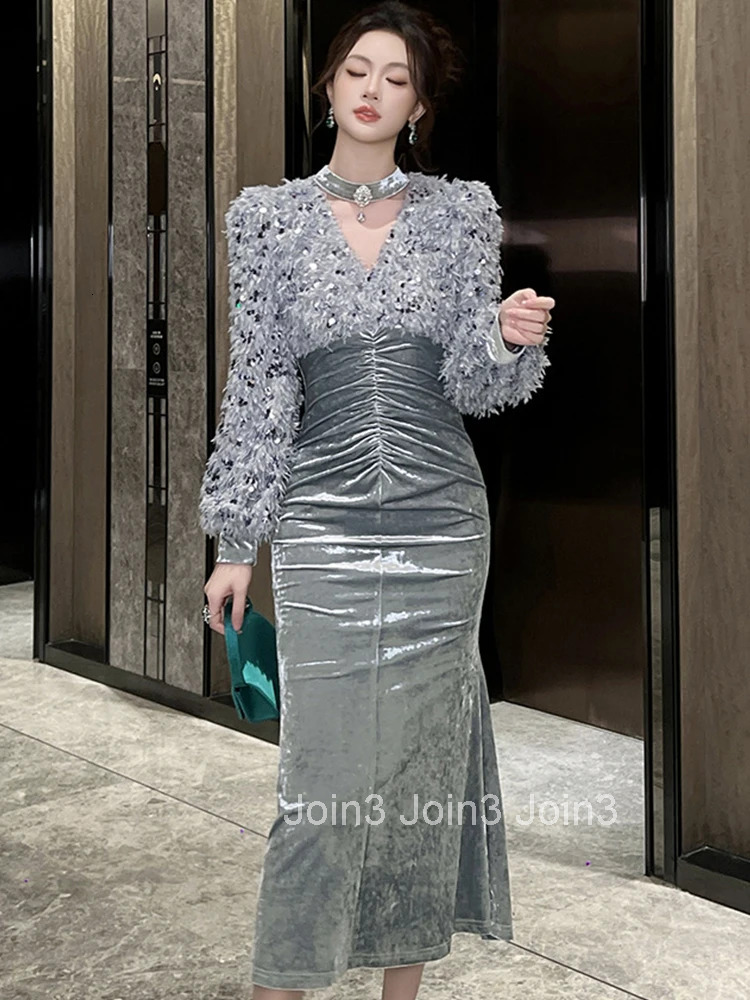 Women Clothes Retro Velvet Sequin Hollow Sexy O-Neck Folds Skinny Midi Evening Dress Elegant Fashion Party Prom Vestido Robe New