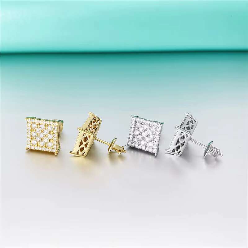 R.Gem. Women Fine Jewelry Hiphop Square Shape Screw Back Real Round Cut Moissanite Earrings Men