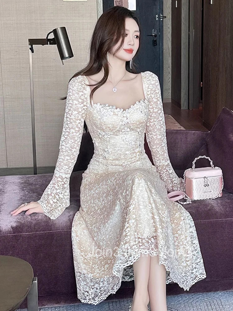 Autumn Fashion Casual Sweet Lace Square Collar A-Line Dress Women Clothes Elegant Flare Sleeve Slim Midi Robe Party Prom Vestido