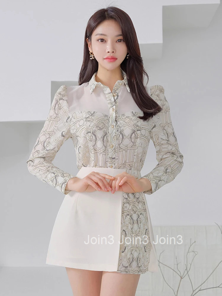 Spring Autumn 2 Pieces Outfits Elegant Office Women Formal Chic Vintage Print Tops Shirt Blouse Femme Short Mini Skirt Mujer Set