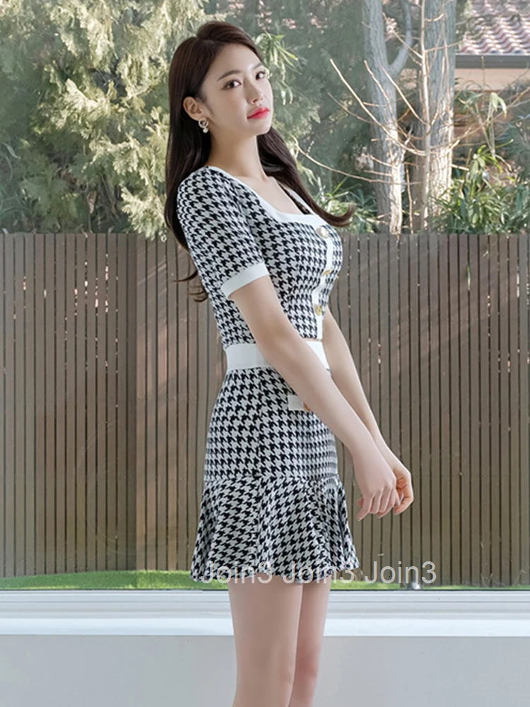 New Summer Sexy 2 Pieces Outfits Elegant Women Mujer Chic Vintage Short Cropped Tops Shirt Blouse High Waist Mini Skirt Slim Set