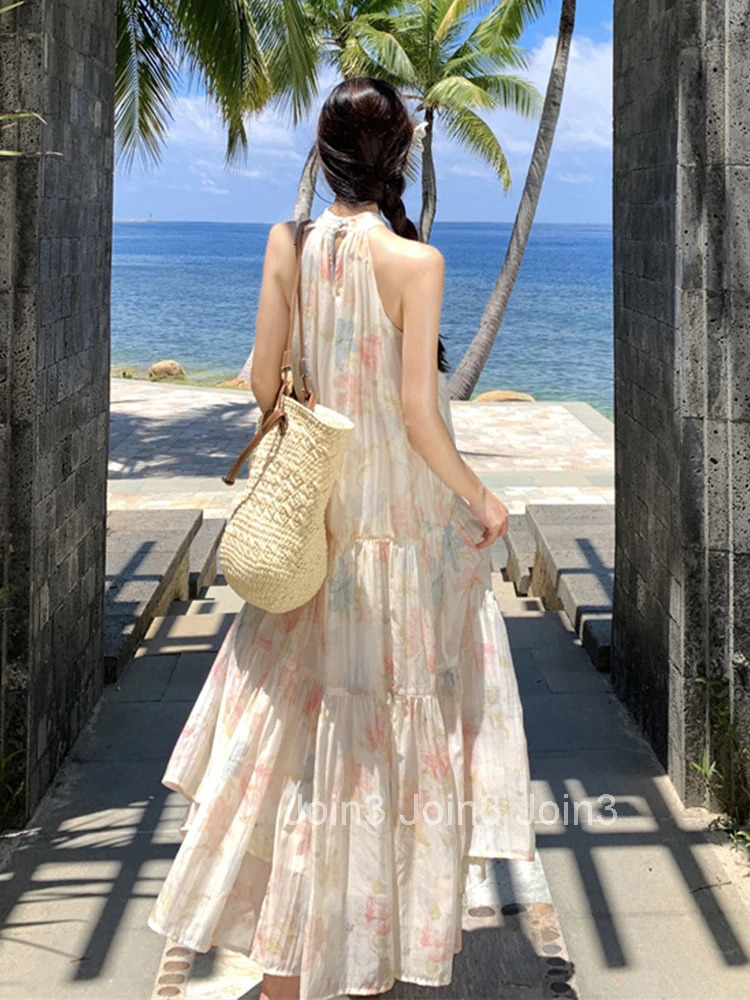 Women Vacation Clothes Sweet Floral Print Sexy Sleeveless Loose Maxi Long Dress Elegant Fashion Party Prom Vestidos Robe Beach