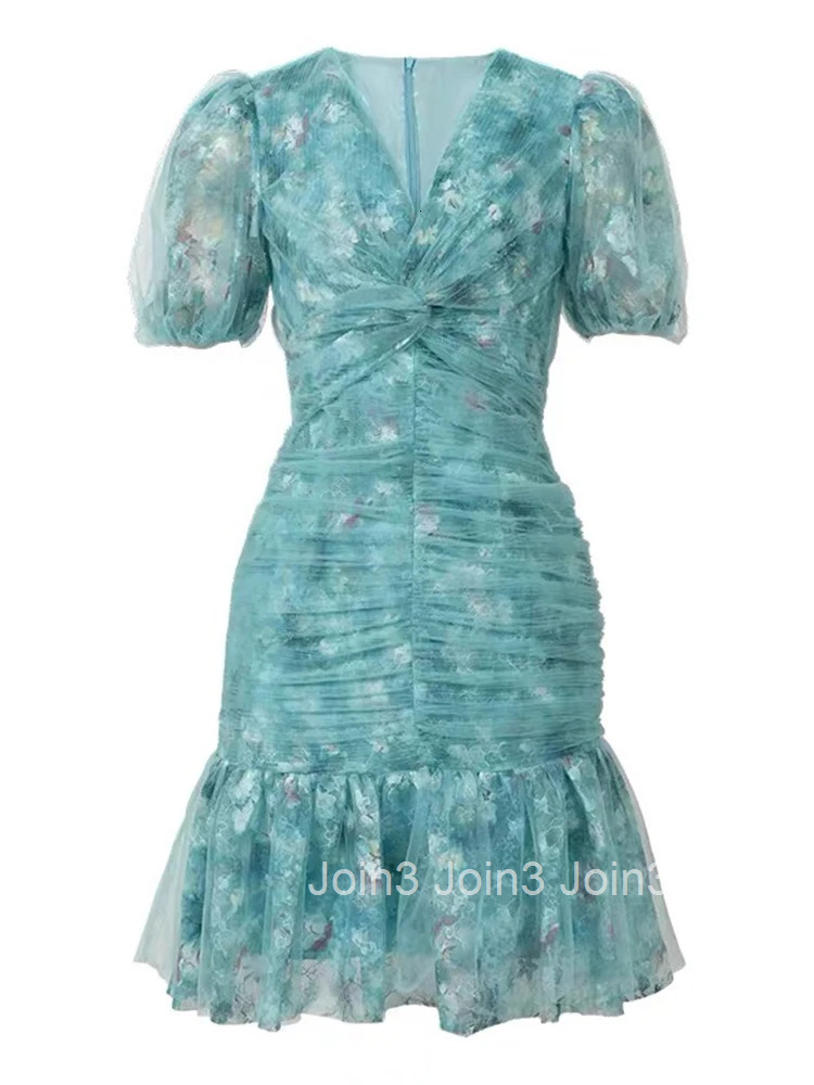 Summer Fashion Blue Mesh Floral Print V-Neck Mermaid Short Dress Women Clothes Sweet Puff Sleeve Skinny Folds Party Prom Vestido