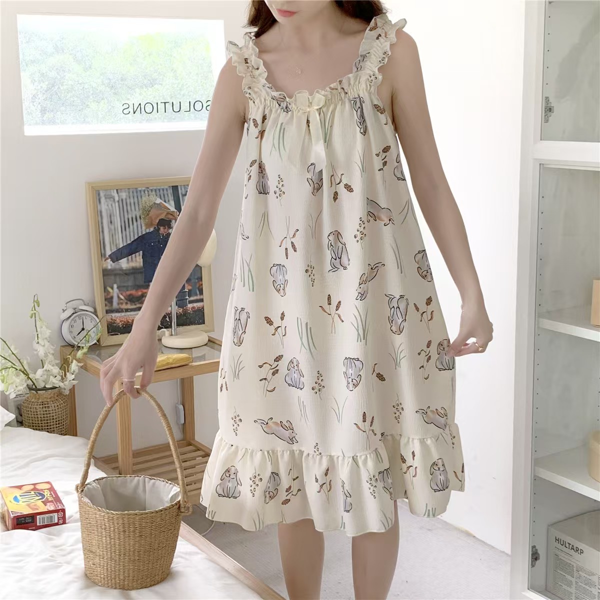 2025 women's models spring and summer sweet ins style halter mid-length loose nightgown female home dress grey rabbit
